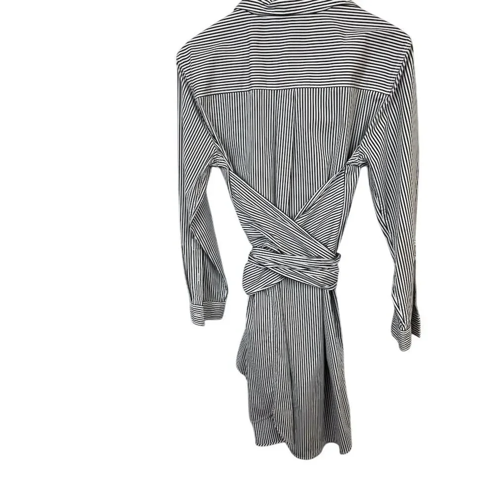 DKNY  Women's Size 12 Black Striped Tie-Waist Shirtdress Knee Length